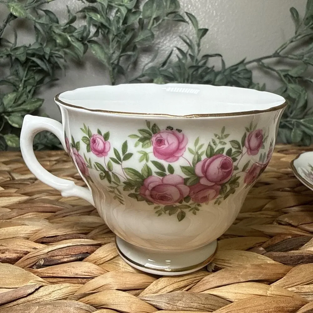 Royal Vale Bone China Teacup Saucer Pink Roses Gold England Floral Vintage